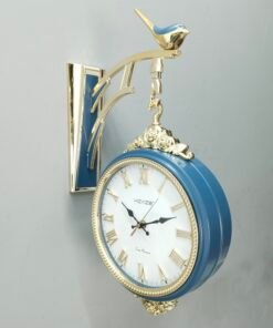 premium double sided pastel blue & gold wall clock with bird bracket