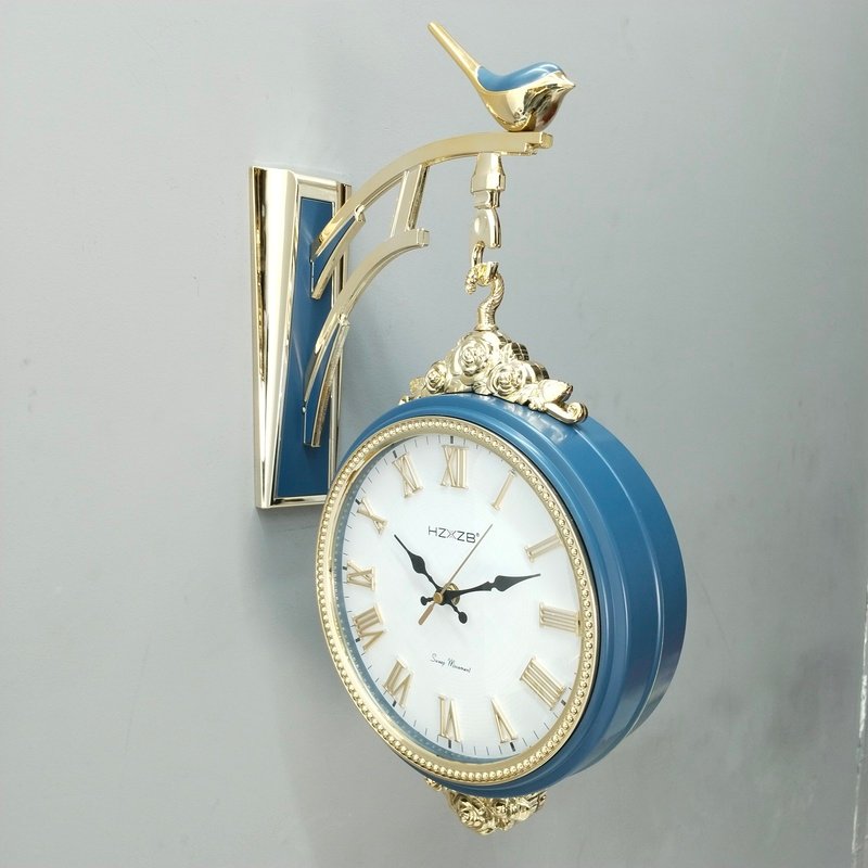 premium double sided pastel blue & gold wall clock with bird bracket premium double sided pastel blue & gold wall clock with bird bracket