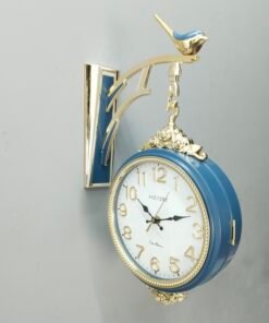 premium double sided pastel blue & gold wall clock with bird bracket premium double sided pastel blue & gold wall clock with bird bracket