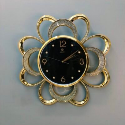 Luxury 23" Floral Sunburst Golden Wall Clock Elegant Shimmering Accent Frame with Black Dial and Crystal Details for Modern Home Decor luxury 23" floral sunburst golden wall clock elegant shimmering accent frame with black dial and crystal details for modern home decor