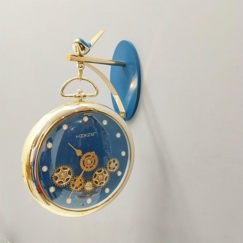 luxury vintage bird hanging station wall clock with visible gears deep blue & gold luxury vintage bird hanging station wall clock with visible gears deep blue & gold