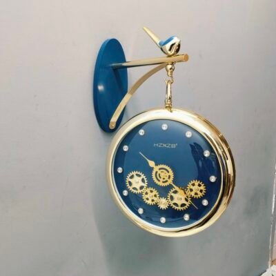 Luxury Vintage Bird Hanging Station Wall Clock with Visible Gears Deep Blue & Gold luxury vintage bird hanging station wall clock with visible gears deep blue & gold