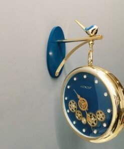 luxury vintage bird hanging station wall clock with visible gears deep blue & gold