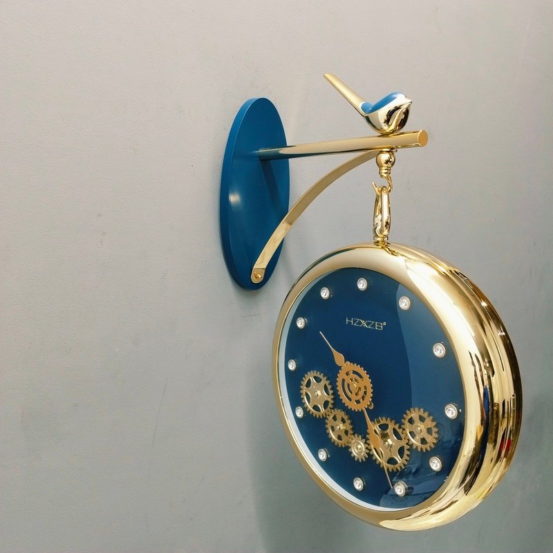 luxury vintage bird hanging station wall clock with visible gears deep blue & gold luxury vintage bird hanging station wall clock with visible gears deep blue & gold