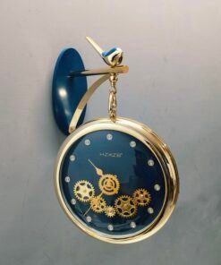 luxury vintage bird hanging station wall clock with visible gears deep blue & gold luxury vintage bird hanging station wall clock with visible gears deep blue & gold