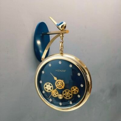 Luxury Vintage Bird Hanging Station Wall Clock with Visible Gears Deep Blue & Gold luxury vintage bird hanging station wall clock with visible gears deep blue & gold