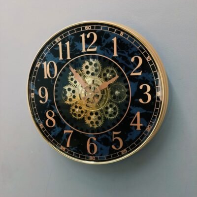 luxury royal blue marble wall clock with moving gears