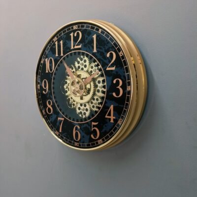 luxury royal blue marble wall clock with moving gears