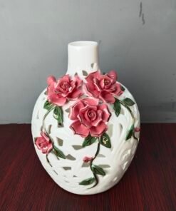 elegant white openwork porcelain vase with 3d pink roses elegant white openwork porcelain vase with 3d pink roses