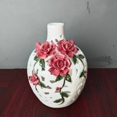 Elegant White Openwork Porcelain Vase with 3D Pink Roses elegant white openwork porcelain vase with 3d pink roses