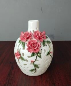 elegant white openwork porcelain vase with 3d pink roses