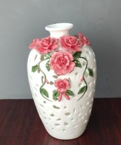 white ceramic cutout vase with 3d pink porcelain roses white ceramic cutout vase with 3d pink porcelain roses