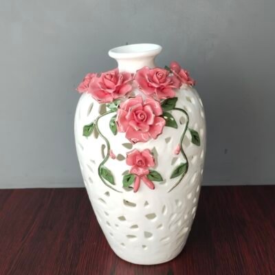 White Ceramic Cutout Vase with 3D Pink Porcelain Roses white ceramic cutout vase with 3d pink porcelain roses