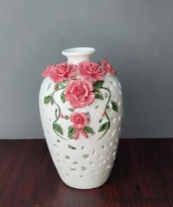 white ceramic cutout vase with 3d pink porcelain roses