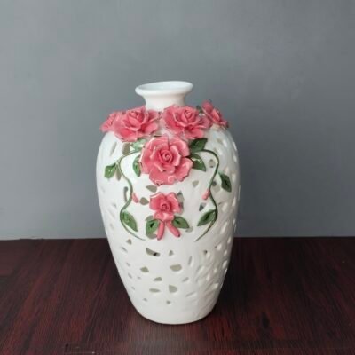 White Ceramic Cutout Vase with 3D Pink Porcelain Roses white ceramic cutout vase with 3d pink porcelain roses