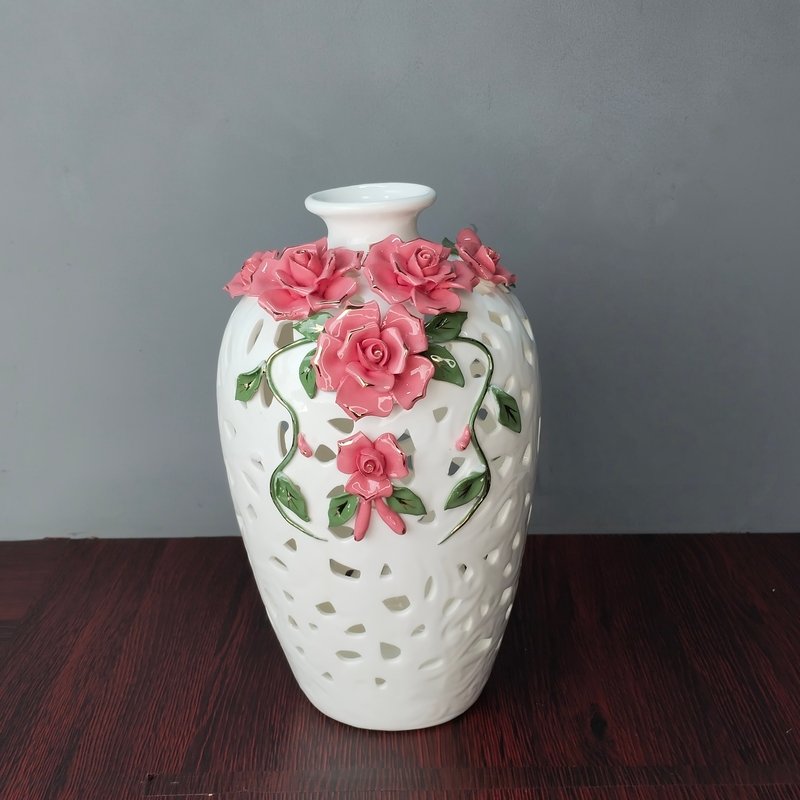 white ceramic cutout vase with 3d pink porcelain roses white ceramic cutout vase with 3d pink porcelain roses