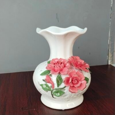 Elegant White Ceramic Flower Vase with 3D Pink Rose Relief auto draft