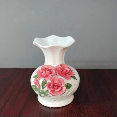 Elegant White Ceramic Flower Vase with 3D Pink Rose Relief auto draft