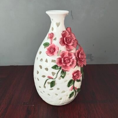 Elegant White Ceramic Openwork Vase with 3D Pink Roses elegant white ceramic openwork vase with 3d pink roses