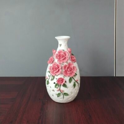Elegant White Ceramic Openwork Vase with 3D Pink Roses elegant white ceramic openwork vase with 3d pink roses