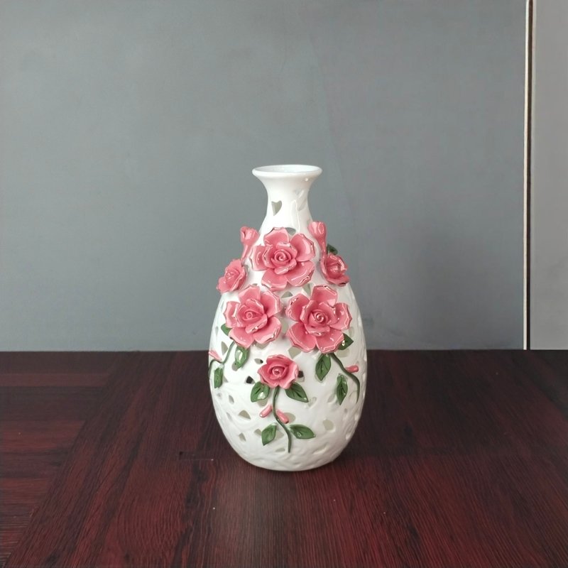 elegant white ceramic openwork vase with 3d pink roses elegant white ceramic openwork vase with 3d pink roses
