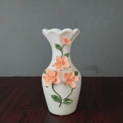 Elegant White Ceramic Flower Vase with 3D Peach Floral Embossment elegant white ceramic flower vase with 3d peach floral embossment