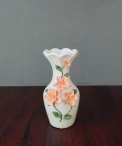 elegant white ceramic flower vase with 3d peach floral embossment