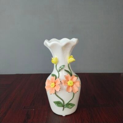 elegant white ceramic flower vase with 3d floral design