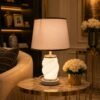 premium cream spiral ceramic table lamp with gold trimmed fabric shade