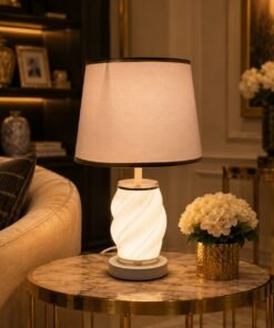Mega Shop premium cream spiral ceramic table lamp with gold trimmed fabric shade