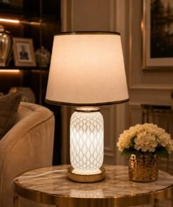 Mega Shop premium textured lattice ceramic table lamp with gold accents and trimmed shade