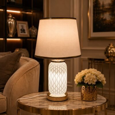 premium textured lattice ceramic table lamp with gold accents and trimmed shade