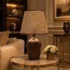 Rustic Faux Wood Grain Table Lamp with Woven Mesh Texture Fabric Shade rustic faux wood grain table lamp with woven mesh texture fabric shade