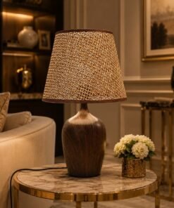 Mega Shop rustic faux wood grain table lamp with woven mesh texture fabric shade
