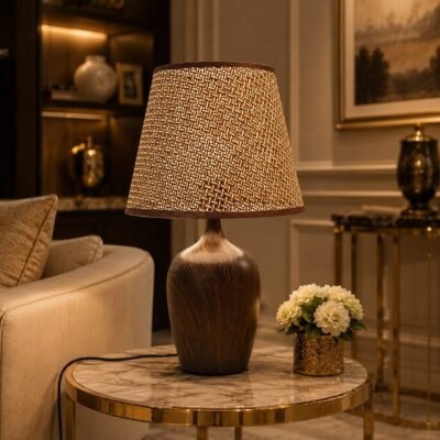 rustic faux wood grain table lamp with woven mesh texture fabric shade