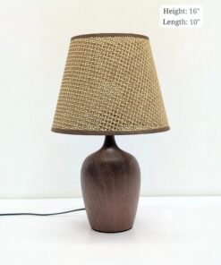 rustic faux wood grain table lamp with woven mesh texture fabric shade