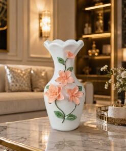 elegant white ceramic flower vase with 3d peach floral embossment