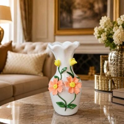 Elegant White Ceramic Flower Vase with 3D Floral Design elegant white ceramic flower vase with 3d floral design