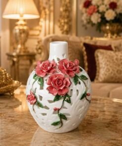 elegant white openwork porcelain vase with 3d pink roses