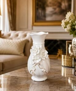 elegant white ceramic flower vase with 3d floral relief