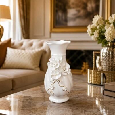elegant white ceramic flower vase with 3d floral relief