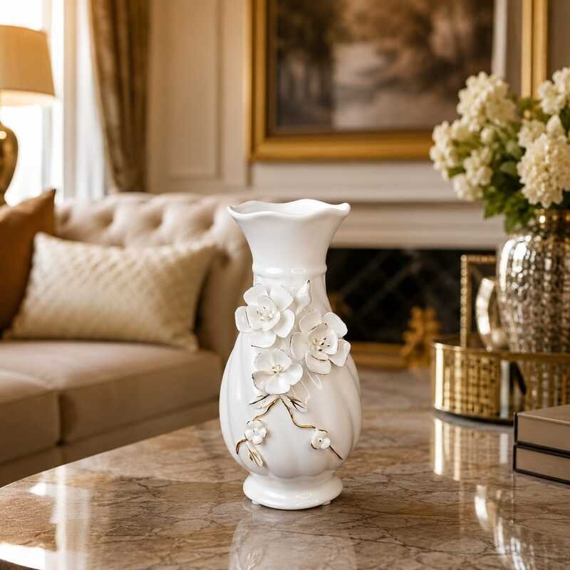 elegant white ceramic flower vase with 3d floral relief elegant white ceramic flower vase with 3d floral relief