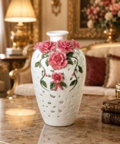 white ceramic cutout vase with 3d pink porcelain roses