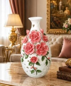 elegant white ceramic openwork vase with 3d pink roses