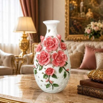 elegant white ceramic openwork vase with 3d pink roses