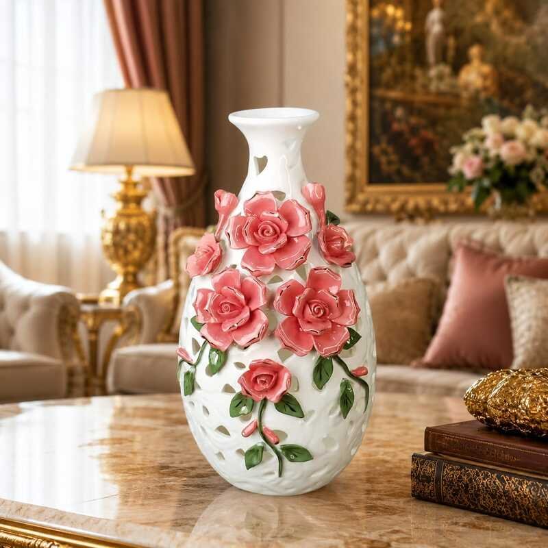 elegant white ceramic openwork vase with 3d pink roses elegant white ceramic openwork vase with 3d pink roses