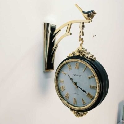 double sided royal black & gold wall clock with bird bracket –