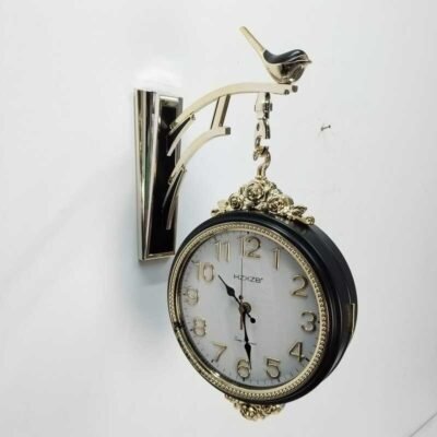 double sided royal black & gold wall clock with bird bracket –