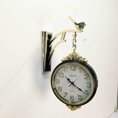 double sided royal black & gold wall clock with bird bracket –