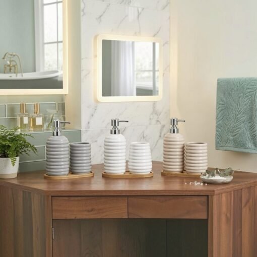 ribbed ceramic bathroom accessory set